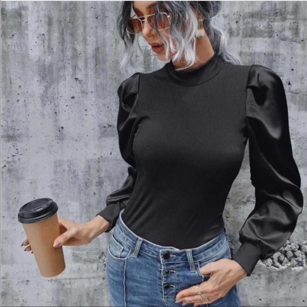Ribbed Long Sleeve Puff Top- PINK - Picture 3 of 13